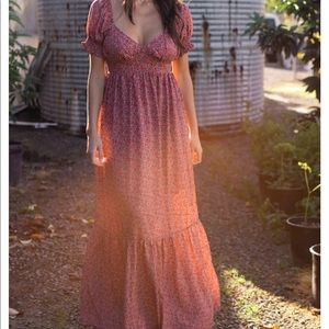 Pink Floral Puff Sleeve Maxi Dress